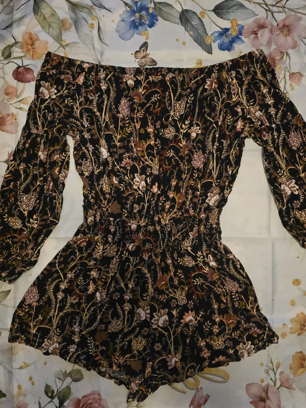 Free People Black Romper with Pink & Brown Floral Print
